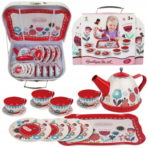  GROSSES TEE-SERVICE IN EINEM KOFFER, BLUMEN, KRUG, TABLETT, TELLER, TASSE