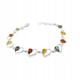    Silberarmband mit baltischem Bernstein, 925er Silber, BUNTE Herzen