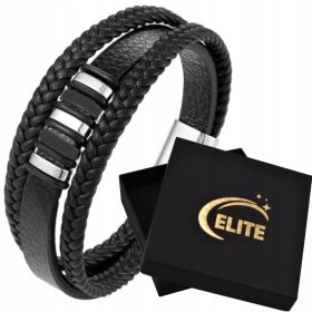    ELEGANTES HERREN-LEDERARMBAND, 316L-STAHL, SCHWARZ M56 + BOX