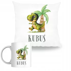    SET KISSEN + BECHER personalisiert FÜR EIN KIND, Geschenk DINOSAURIER + Name