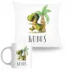 SET KISSEN + BECHER personalisiert FÜR EIN KIND, Geschenk DINOSAURIER + Name