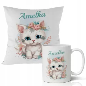    GESCHENK FÜR EIN MÄDCHEN – BECHER + KISSENSET – VERSCHIEDENE KATZENMUSTER