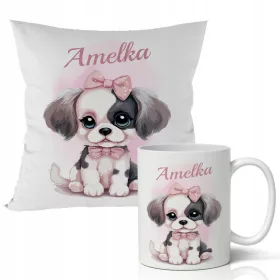    GESCHENK FÜR EIN MÄDCHEN – BECHER + KISSENSET – VERSCHIEDENE HUNDEMUSTER
