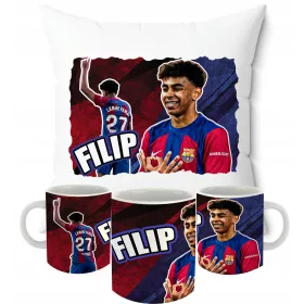    SET KISSEN + BECHER LAMINE YAMAL + NAME GESCHENK BARCELONA GESCHENK