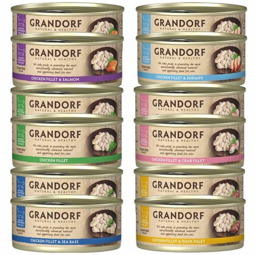  GRANDORF gesundes Nassfutter für Katzen, Geschmacksmischung Huhn 12 x 70g, getreidefrei