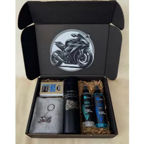    Geschenkbox für einen Motorradfahrer/ Thermoskanne/ Motorrad/ Motorrad-Schlüsselanhänger/ Geschenk für ihn