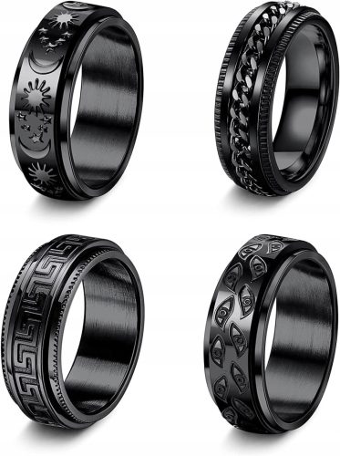  Set mit 4 schwarzen Spinner-Eheringen für Damen und Herren, Edelstahl