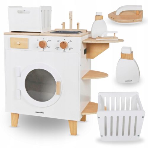  XXL-WASCHMASCHINE AUS HOLZ – MIT EISEN, KORB, WASCHBECKEN – MONTESSORI-WASCHMASCHINE