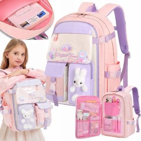   Zauberhafter Schulrucksack für Mädchen Klasse 1-3 in Rosa mit 3D-Hase und Cartoon-Druck