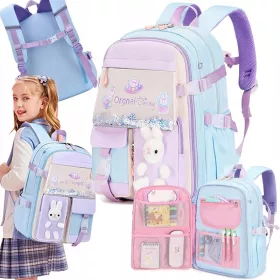   Charmante Schulrucksack für Mädchen Klasse 1-3 in Blau mit 3D-Bunny und Cartoon-Print