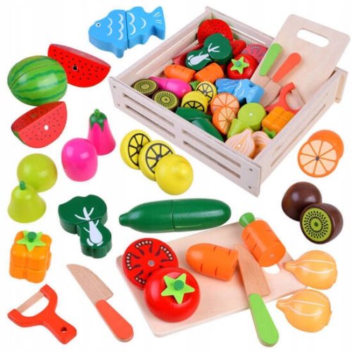  HÖLZERNES GEMÜSE UND FRÜCHTE ZUM SCHNEIDEN IN EINER BOX + GROSSES ZUBEHÖR-SET