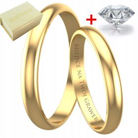    Klassische Eheringe aus 333er Gelbgold, Breite 3 mm, halbrund + Diamant