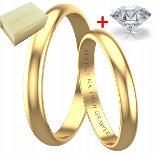  Klassische Eheringe aus 333er Gelbgold, Breite 3 mm, halbrund + Diamant
