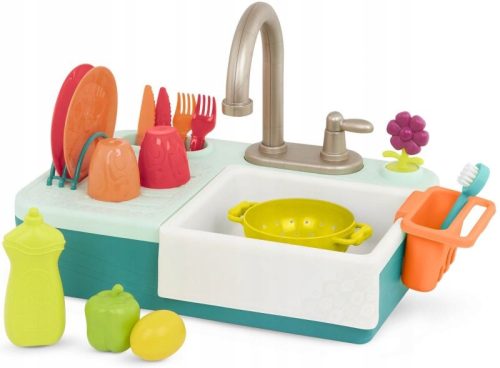 Waschbecken mit funktionierendem Wasserhahn und Zubehör B. Spielzeug