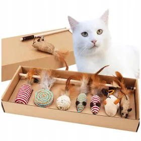    Katzenspielzeug Maus Angelrute Set mit 7 Katzenspielzeugen mit Federn