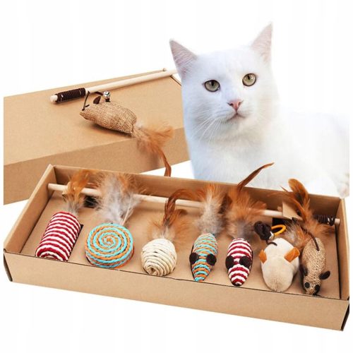  Katzenspielzeug Maus Angelrute Set mit 7 Katzenspielzeugen mit Federn
