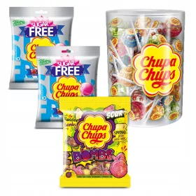   Chupa Chups Lolly Set: Mini Tube 50x12g, Zuckerfrei 2x110g + GRATIS Sour Bombs