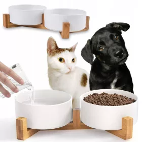    Näpfe auf Ständer für Hunde, doppelter Keramiknapf, weiß, 2 x 400 ml
