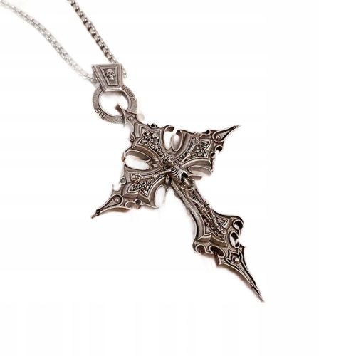  Herrenhalskette Kreuz mit Totenkopf, Gothic-Anhänger, aus Stahl, silberfarben