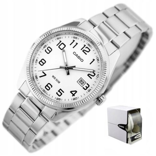  Casio Herrenuhr COOLER silberne Datumsanzeige, lesbare Zahlen + BOX-GRAVUR