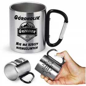    Touristenbecher aus Stahl mit Karabiner für Zelt, Camping in den Bergen + Gravur