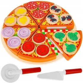    Holzpizza zum Schneiden für Kinder mit Klettverschluss + großes Klettmesser-Zubehör