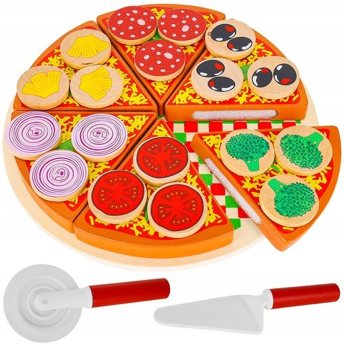 Holzpizza zum Schneiden für Kinder mit Klettverschluss + großes Klettmesser-Zubehör