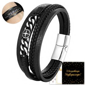    HERREN-LEDERARMBAND MIT KOMPASS, ELEGANTES SCHWARZ, AUS 316L-LEDER
