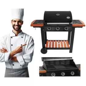    DEKRAFT GASGRILL 3 BRENNER GUSSEISENGRILL GUSSEISENPLATTE PREMIUM HOLZ