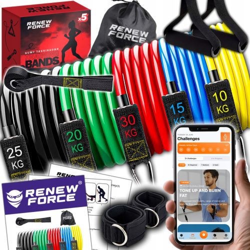  Set mit 5 Übungsbändern, Fitness-Trainingsgummiband bis 100 kg + 5 Griffen