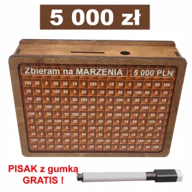    Vintage Sparschwein aus Holz, Diagramm Personalisierung 5.000 PLN als GESCHENK