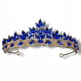    Goldenes Hochzeitsdiadem, Tiara, Krone mit kornblumenblauen Steinen und Zirkonen