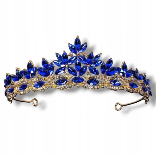  Goldenes Hochzeitsdiadem, Tiara, Krone mit kornblumenblauen Steinen und Zirkonen