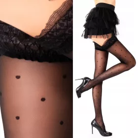    Fenome Selbsttragende Strümpfe mit Silikon, dekorativer Spitze, schwarz mit Punkten