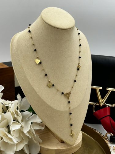  Aisadi-Halskette, schwarze Steine, Rosenkranz, Diamant, Diamanten, Gold, 316L-Stahl