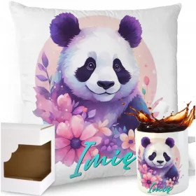    SET PILLOW MUG SWEET PANDA BEAR COLORFUL FEATHER FLOWERS GIFT NAME