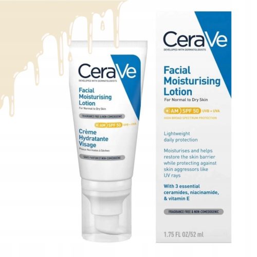 CeraVe Feuchtigkeitsspendende Gesichtscreme SPF 50 für normale und trockene Haut, 52ml