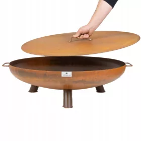    Gartenfeuerstelle Corten Tiefe Beine Griffe 70 cm + Abdeckung + Stahlstangen
