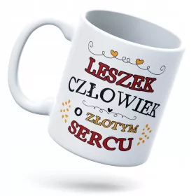    Ein Geschenk für Leszek, eine Tasse mit permanentem Fotodruck und weißem Logo