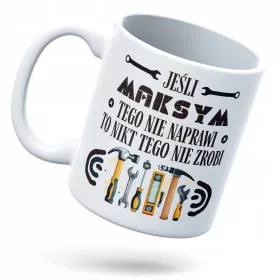    Tasse für Maksym. Ein Geschenk mit dauerhaftem Aufdruck mit Foto und weißem Logo