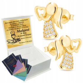    Goldene Engelsohrringe mit Zirkonen, Gravur aus 925er Silber + KOSTENLOSES GESCHENK