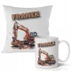  GESCHENK FÜR EINEN JUNGEN - BECHER + KISSEN - BAUMASCHINEN BAGGER