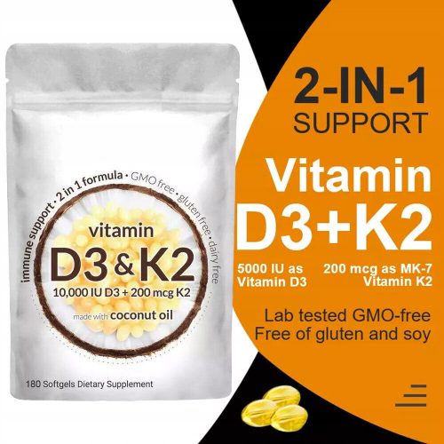 Vitamin D3 K2 Softgel-Kapseln Extra Strength – 2-in-1 Nahrungsergänzungsmittel mit Kokosöl