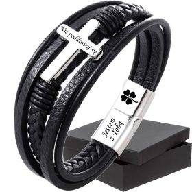  Herrenarmband aus Leder mit Gravur und silbernem Kreuz