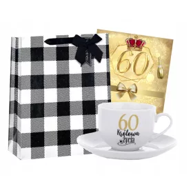    Geschenkset zum 60. Geburtstag für eine Frau: Tasse + Karte + Tasche