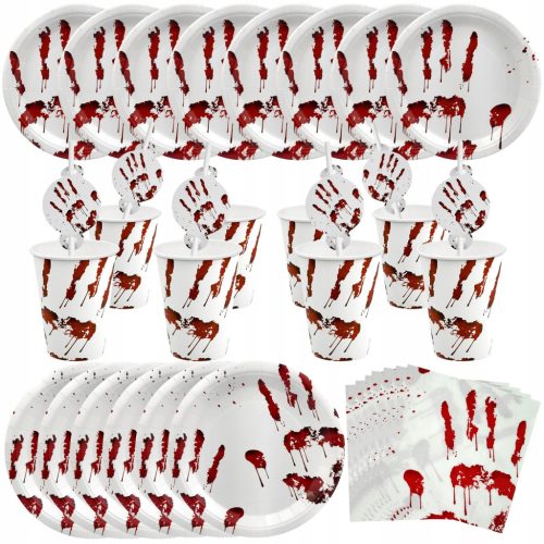  Großes Set aus Tellern, Bechern, Servietten, Strohhalmen, Halloween Bloody Hand, 40-tlg