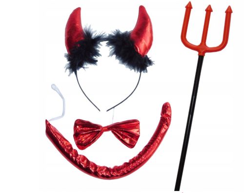  Teufelsset + Zubehör Teufelshörner-Stirnband + Rote und schwarze Teufelsgabel