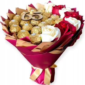    Süßer Ferrero-Blumenstrauß zum Geburtstag 40 45 50 55 60 65 70 75 Ruhestand + Inschrift