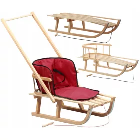    TRADITIONELLER POLNISCHER HOLZSCHLITTEN, STARKE RÜCKENLEHNE, SCHIEBER, BLAUE MATRATZE