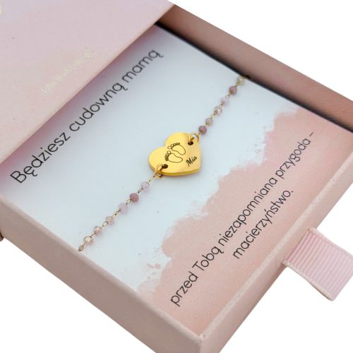  Armband mit Gravur des Namens des Kindes, aus Stahl, rosa Perlen